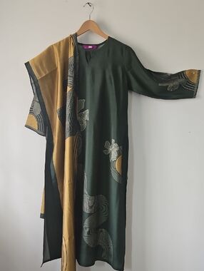 Dark Green Long Sleeve Maxi Dress with Mustard Accents